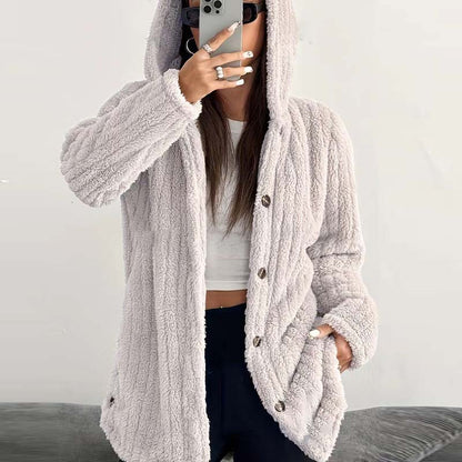 Women's Fuzzy Hooded Long-Sleeved Coat